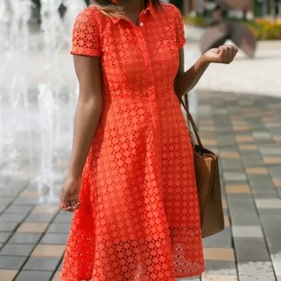 Ann Taylor Floral Eyelet Lace Shirt Dress Orange - Picture 2 of 9